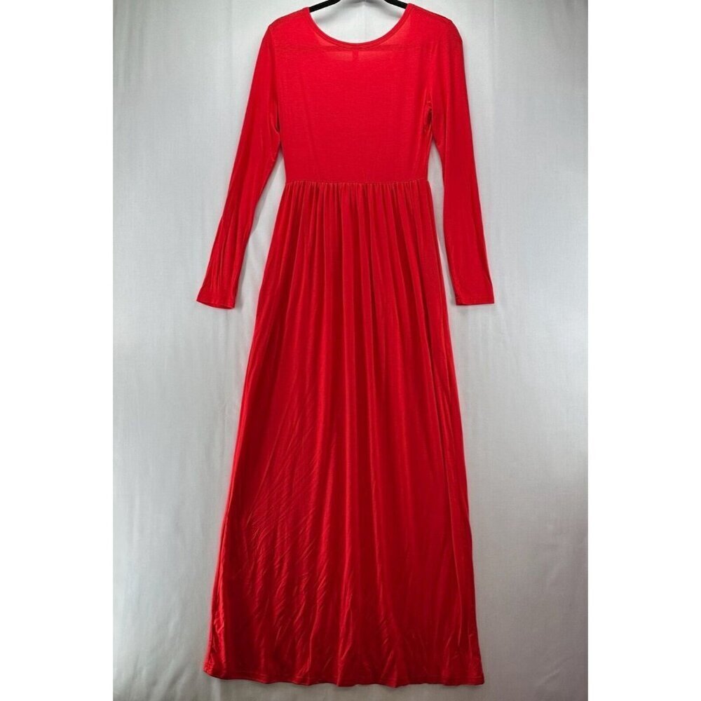 Grecerelle Dress S Shirred A-Line Maxi Scoop Neck Long Sleeve Stretch Rayon Red - Picture 2 of 12